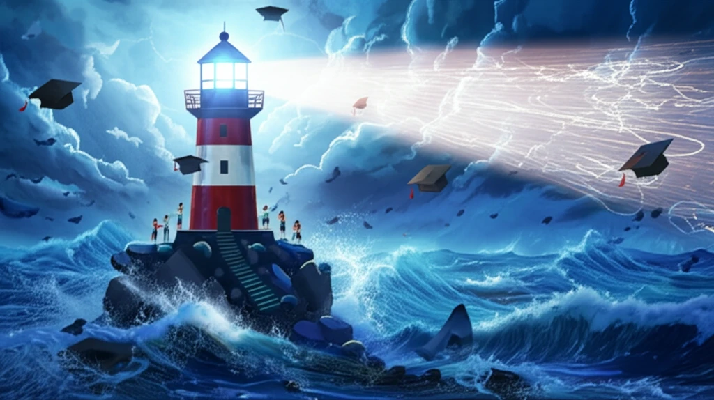 A school counselor guides students like a lighthouse in a storm.