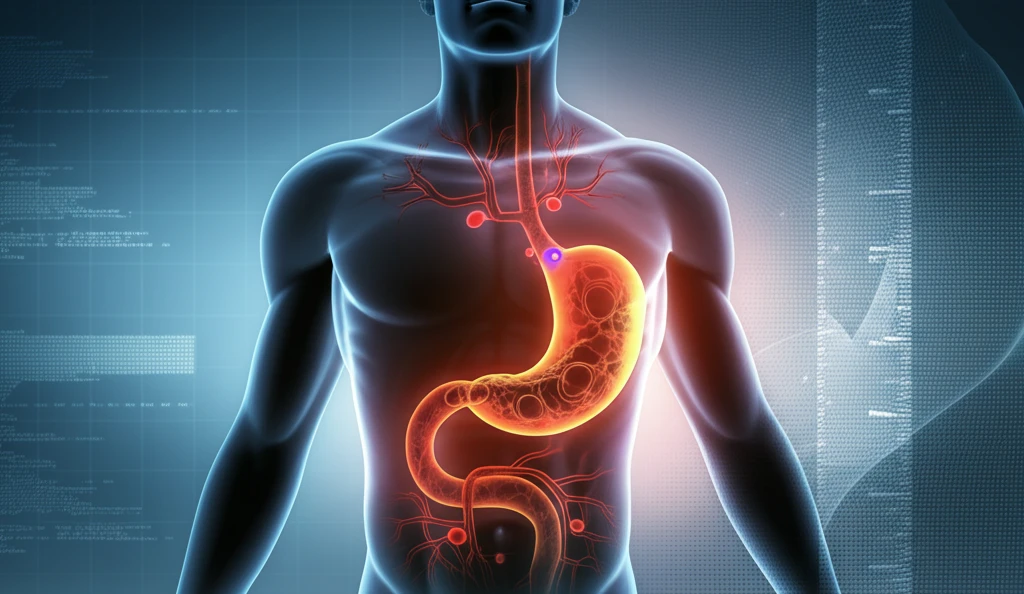 Stylized stomach with highlighted lymph nodes and CT scan overlay, representing stomach cancer staging.