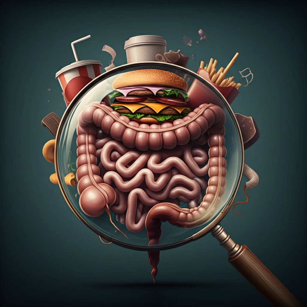 Surreal illustration of a human intestine tangled with fast food symbolizing the impact of high-calorie diets on gut health.
