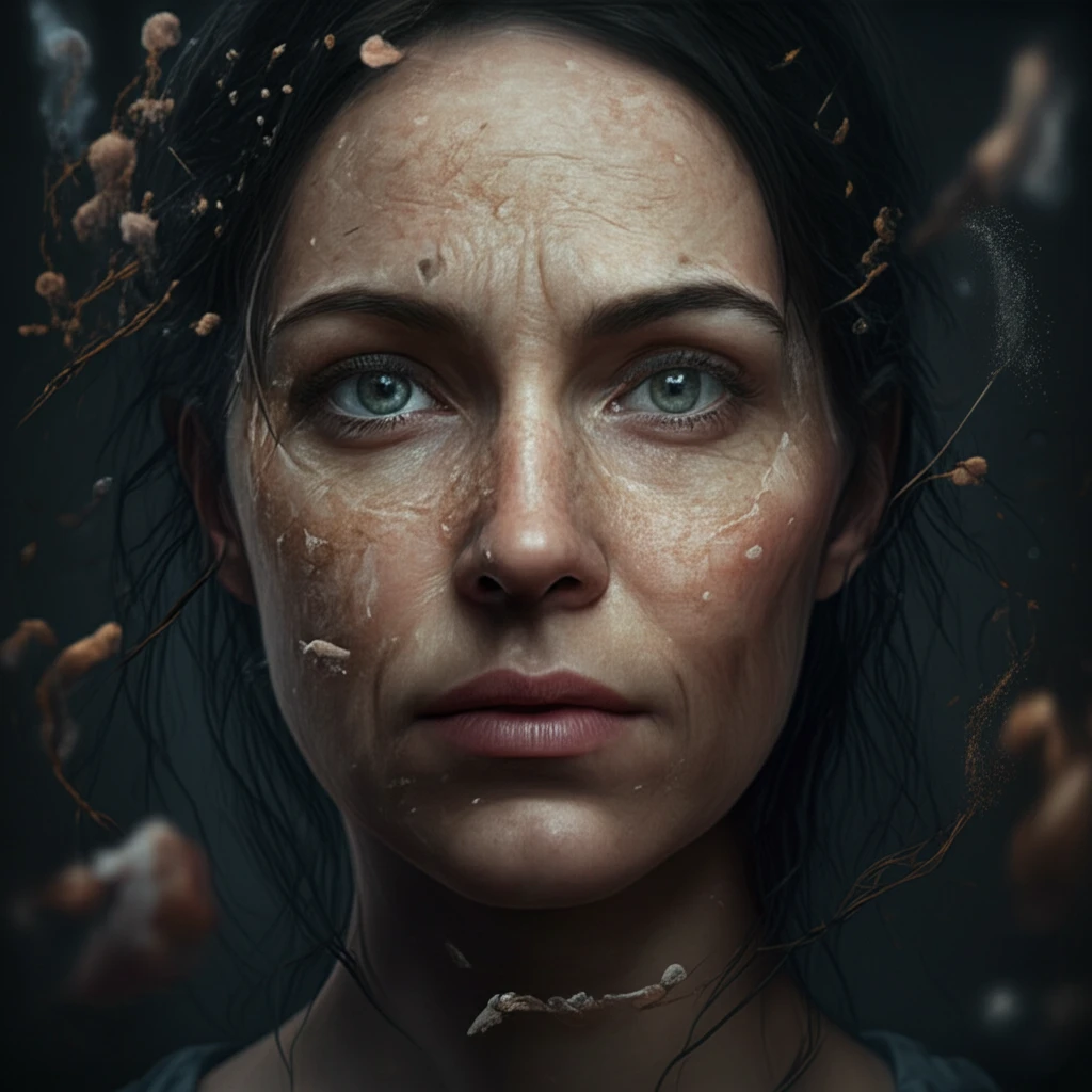 Illustration of a woman's face with PM2.5 particles, symbolizing air pollution's impact on skin aging.