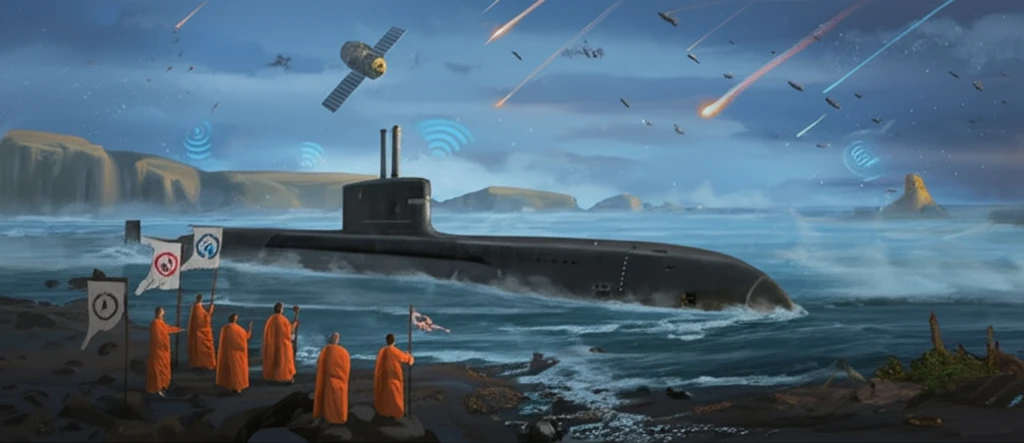 Surreal illustration of a submarine near monks chanting for peace.