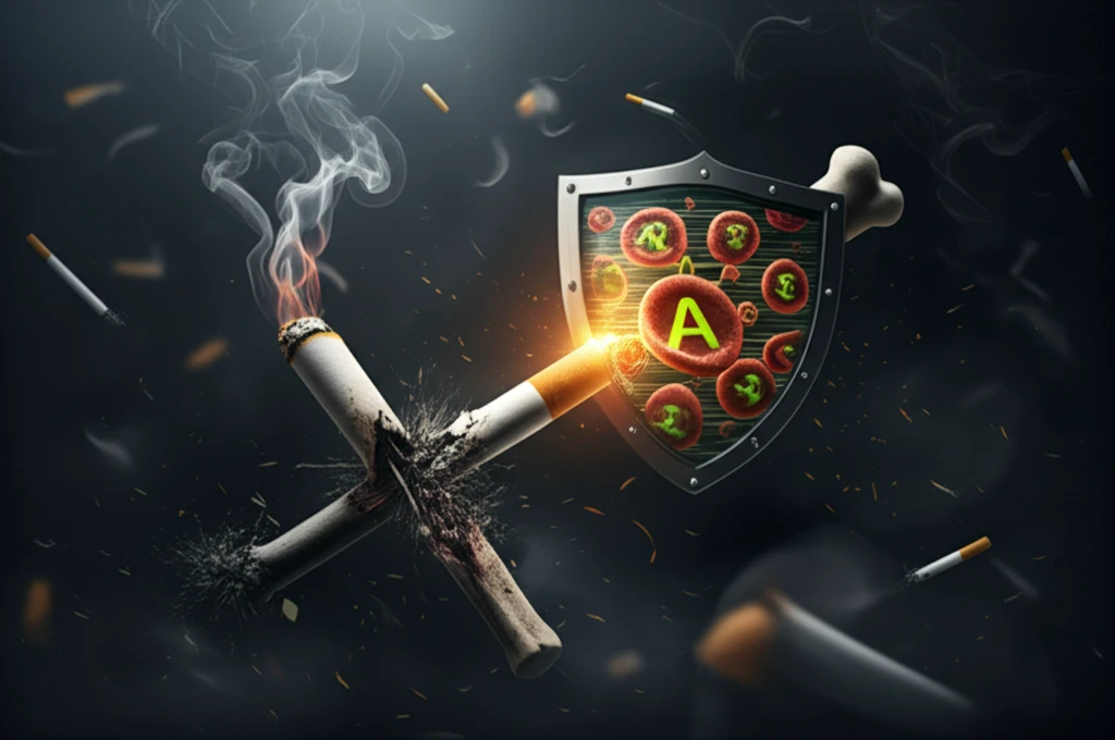 Damaged bones surrounded by cigarette smoke, protected by antioxidants.