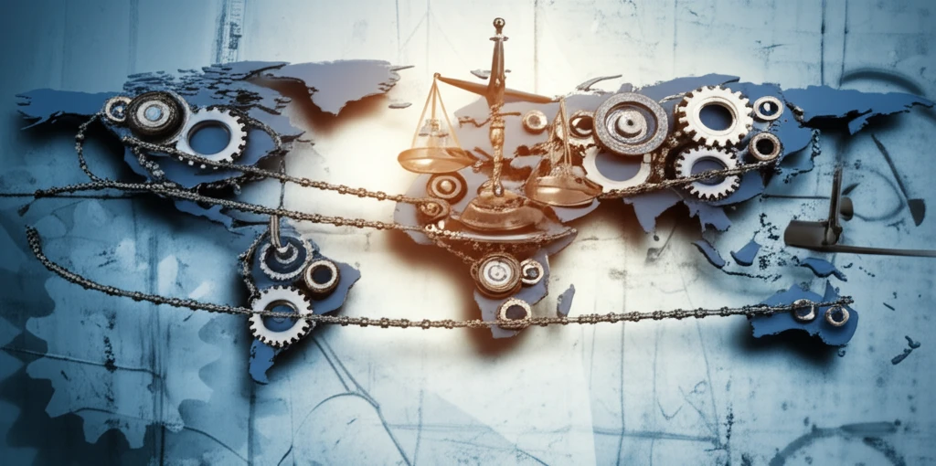 Global trade and labor illustrated with gears and chains.