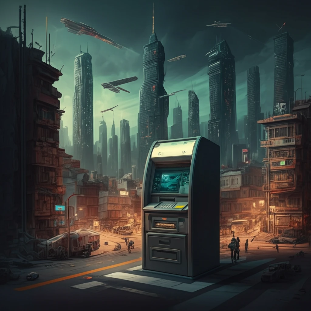 Futuristic cityscape with an ATM representing the blend of cash and digital finance in Kosovo.