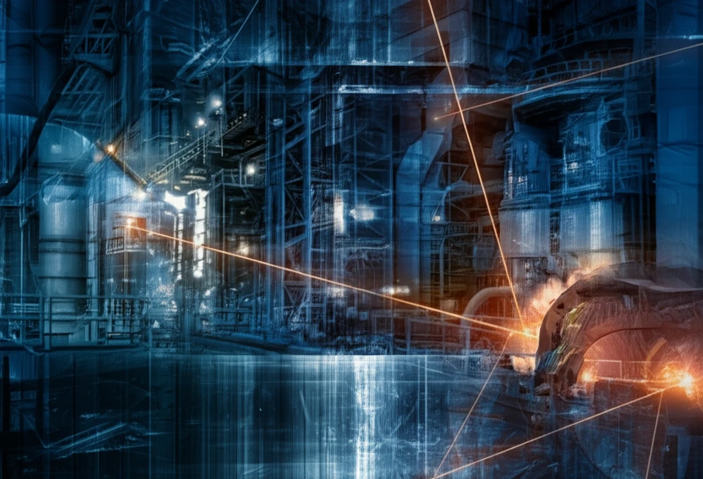 Futuristic steel manufacturing plant with laser beams and spectral lines.