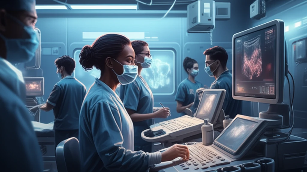 Emergency medical team using point-of-care ultrasound in a modern emergency room