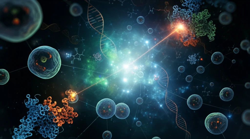 Interconnected cells with glowing biochemical pathways.
