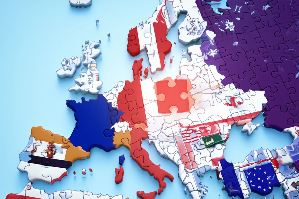 A jigsaw puzzle of Europe with glowing pieces, symbolizing stateless nations within the EU.