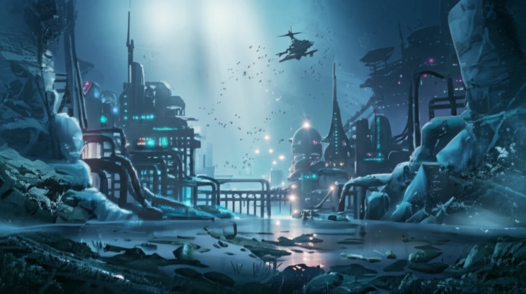 Deep-sea landscape with methane hydrate structures transitioning into a futuristic cityscape.