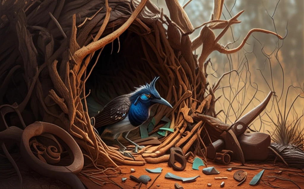 Australian Great Bowerbird bower with glass and mining tools.