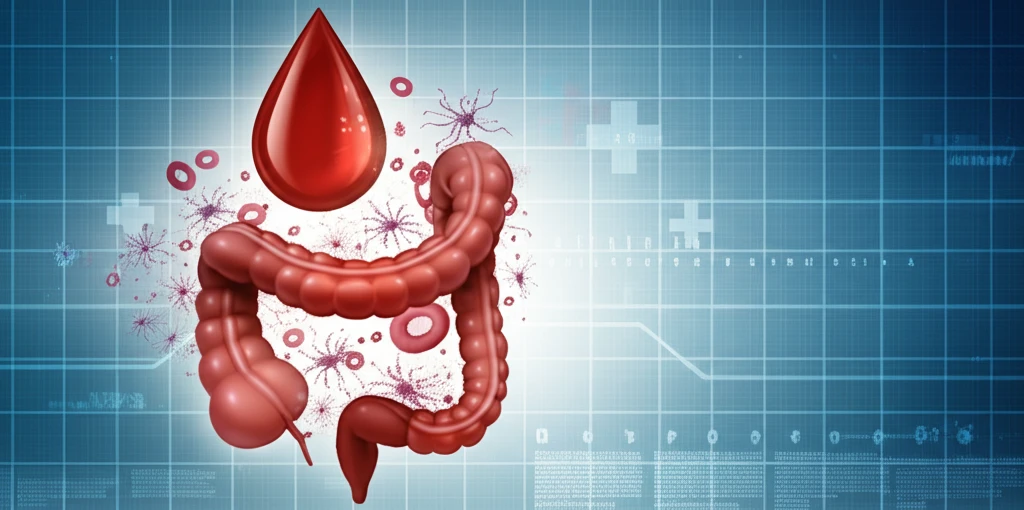 Surreal illustration of intestine transforming into a blood drop, symbolizing blood test markers and intestinal health.