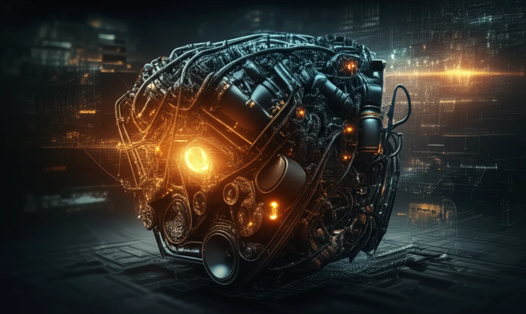 Futuristic engine surrounded by data streams and circuit patterns.