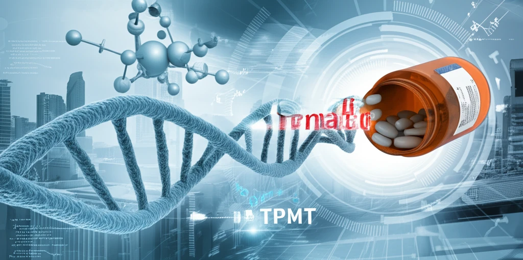DNA strand entwined with a pharmacy pill bottle, symbolizing personalized medicine and genetic insights.