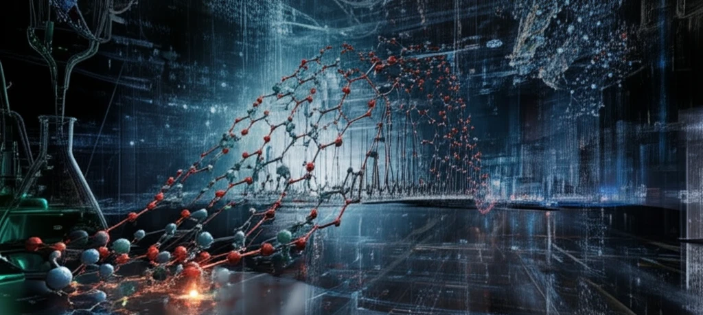 Surreal illustration of Schiff base molecules connecting a lab and a futuristic cityscape