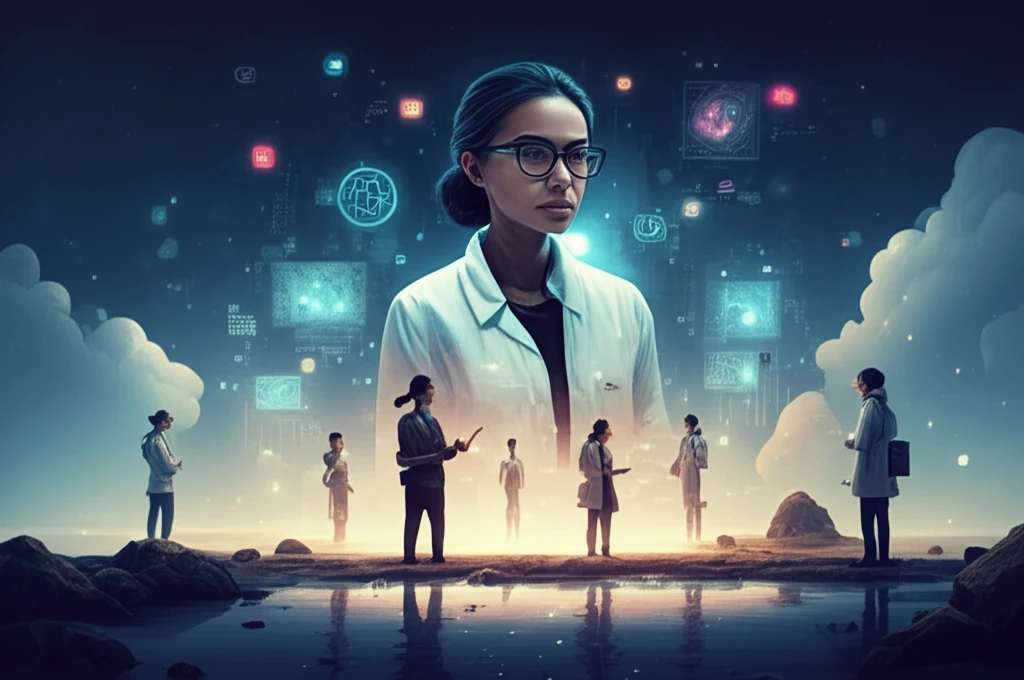 Diverse women scientists in Finland surrounded by media symbols.