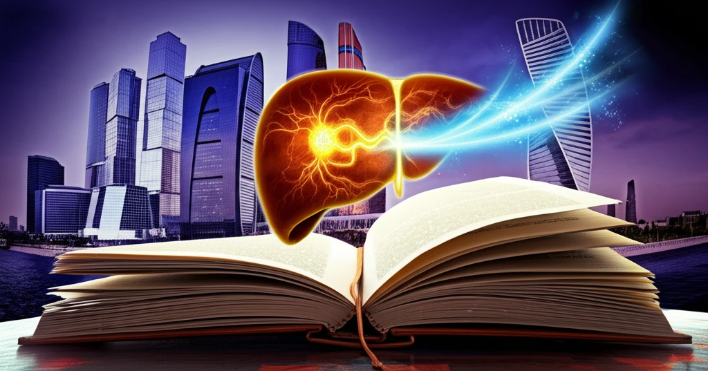 Stylized liver with glowing pathways and Moscow skyline representing liver cancer treatment in Russia.