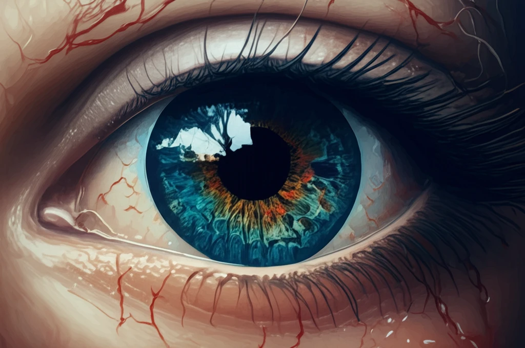 Illustration of a healthy eye overcoming damaged blood vessels, symbolizing radiation maculopathy treatment.