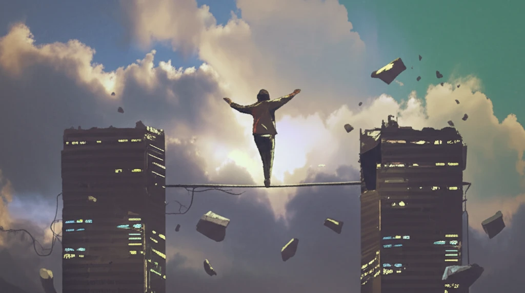 A person walking on a tightrope, balancing realism and optimism.