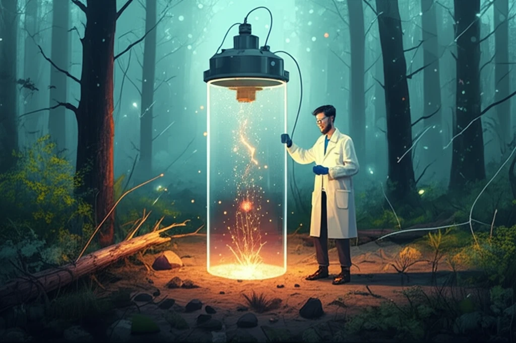 Illustration of soil respiration measurement with glowing CO2 emissions.