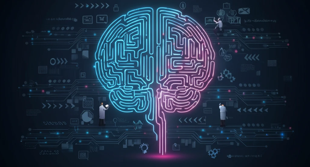 Symbolic illustration of peer review in neuro-oncology, featuring a brain-shaped labyrinth with scientists examining research pathways.