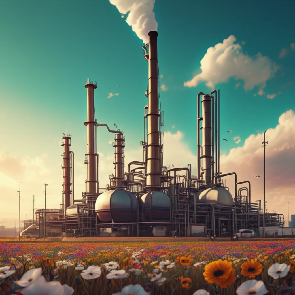 Oil refinery transforming into flowers, symbolizing resource conversion.