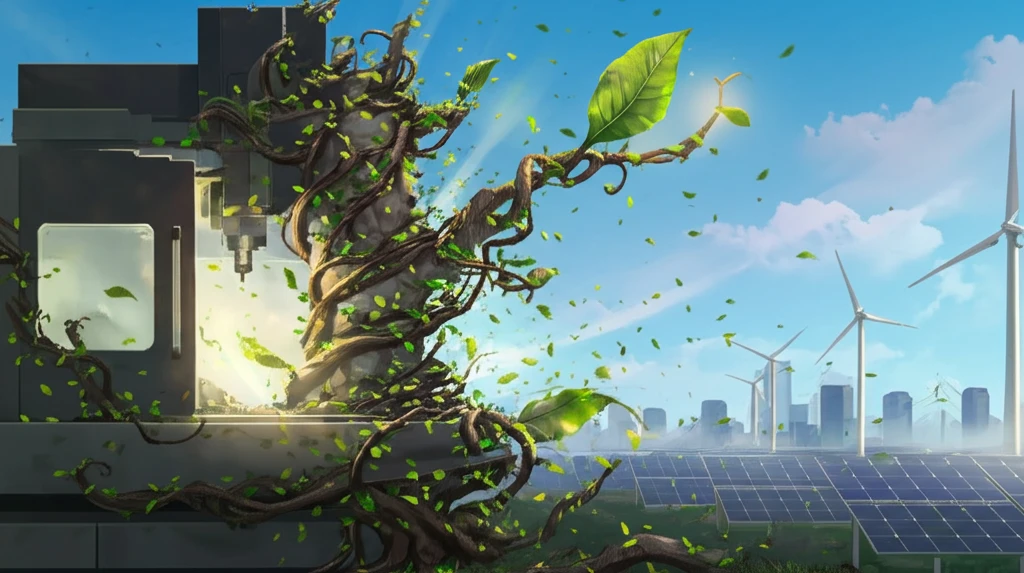 CNC machine with green leaves, symbolizing sustainable machining