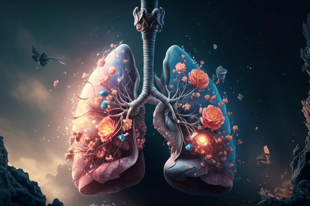Glowing flowers intertwined with a human lung, symbolizing hope in angiosarcoma treatment.