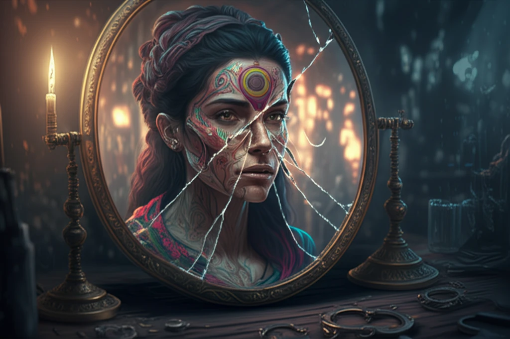 Broken mirror reflecting vibrant Mexican culture and criminal activity, symbolizing crime literature's reflection of society's dual nature.