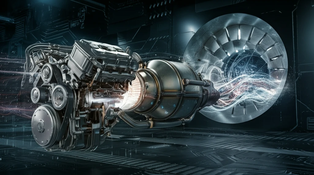Catalytic converter with glowing channels representing airflow and engine efficiency.