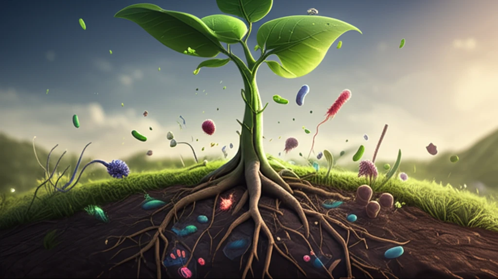 A lush green plant thrives with its roots connected to a vibrant soil microbiome.