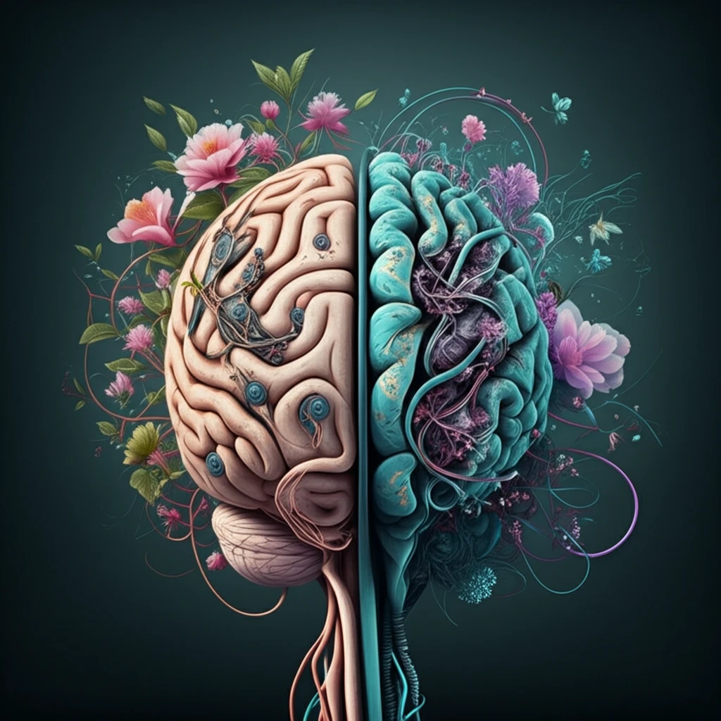 Brain with circuitry and flowers, symbolizing cognitive enhancement before surgery