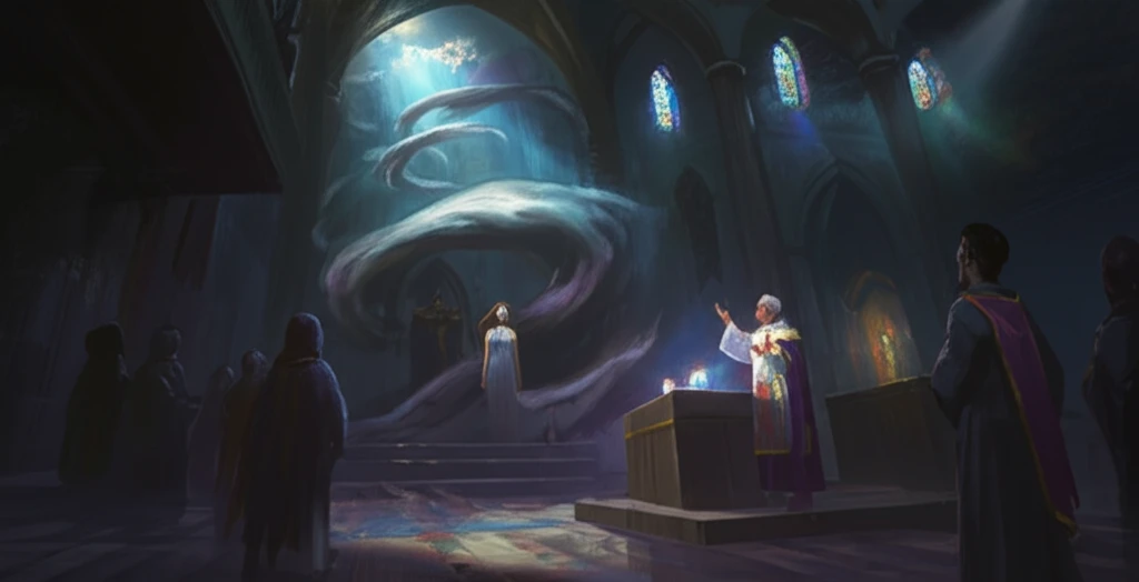 A medieval exorcism scene in a dimly lit church.