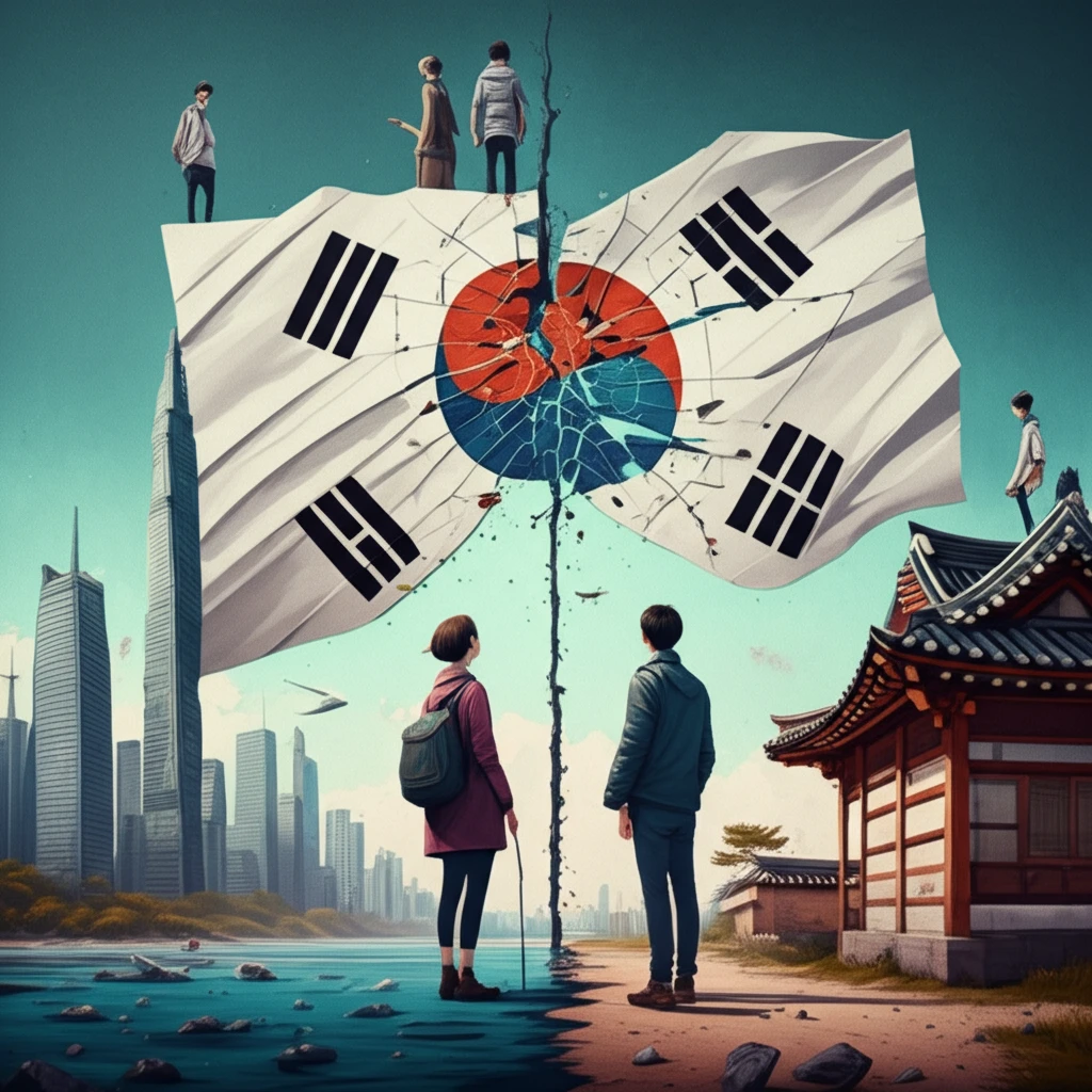 A divided Korean peninsula symbolizes shifting national identities.