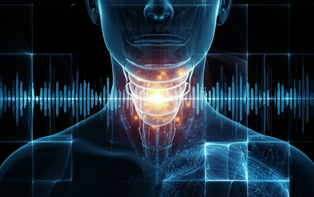 Surreal illustration of vocal cords with data visualizations