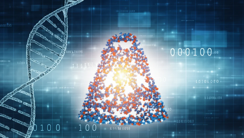 Surreal illustration of pills forming a sample size bell curve with DNA strands, symbolizing bioequivalence in pharmaceutical research.