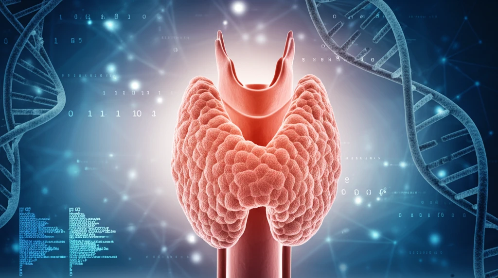 Illustration of thyroid gland intertwined with DNA, symbolizing complexity of thyroid cancer diagnosis.