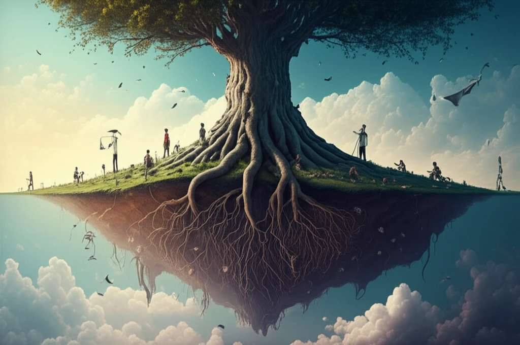 Illustration of a tree with deep roots, symbolizing root cause analysis in experiential learning, with people collaboratively examining the roots.