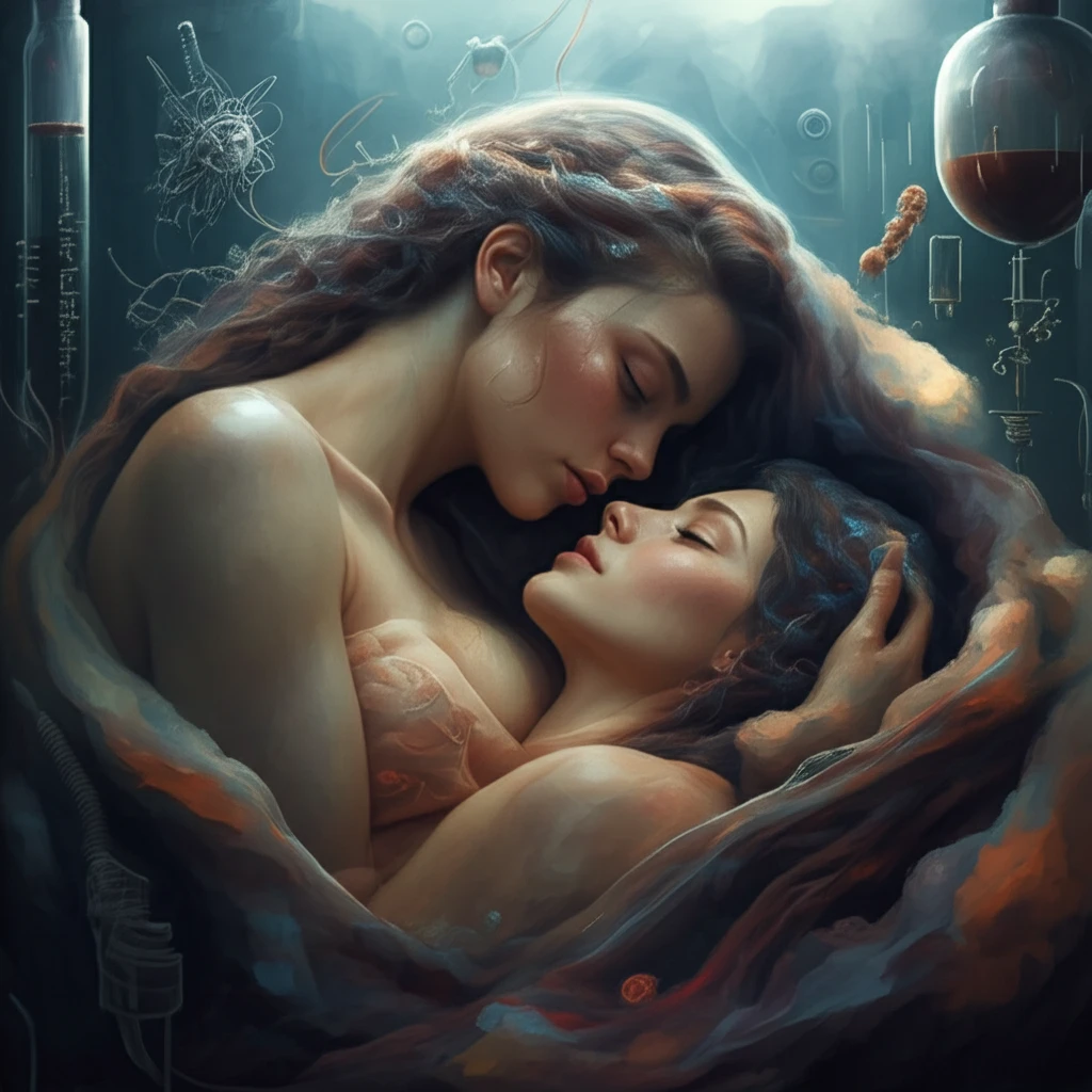 Surreal image of scientific glassware cradling a mother and child, symbolizing IVF success.