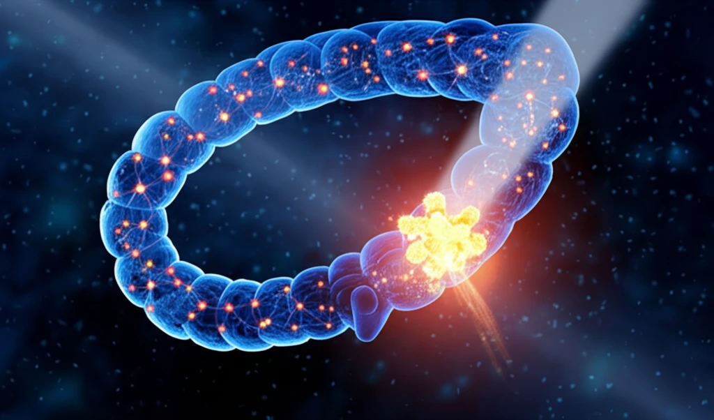 Surreal illustration of interconnected nodes in cancerous and healthy colon tissue.