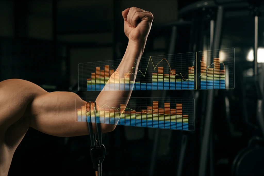 Elastic workout band with graphic equalizer showing progressive muscle and strength gains from blood flow restriction training.