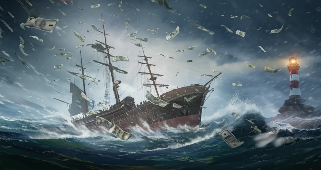 A fragile ship navigates stormy seas of money and corruption, guided by the light of ethics.