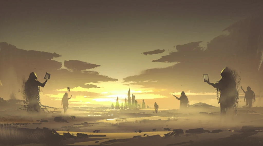 Desert landscape with ghostly figures holding photographs, representing the victims of violence.
