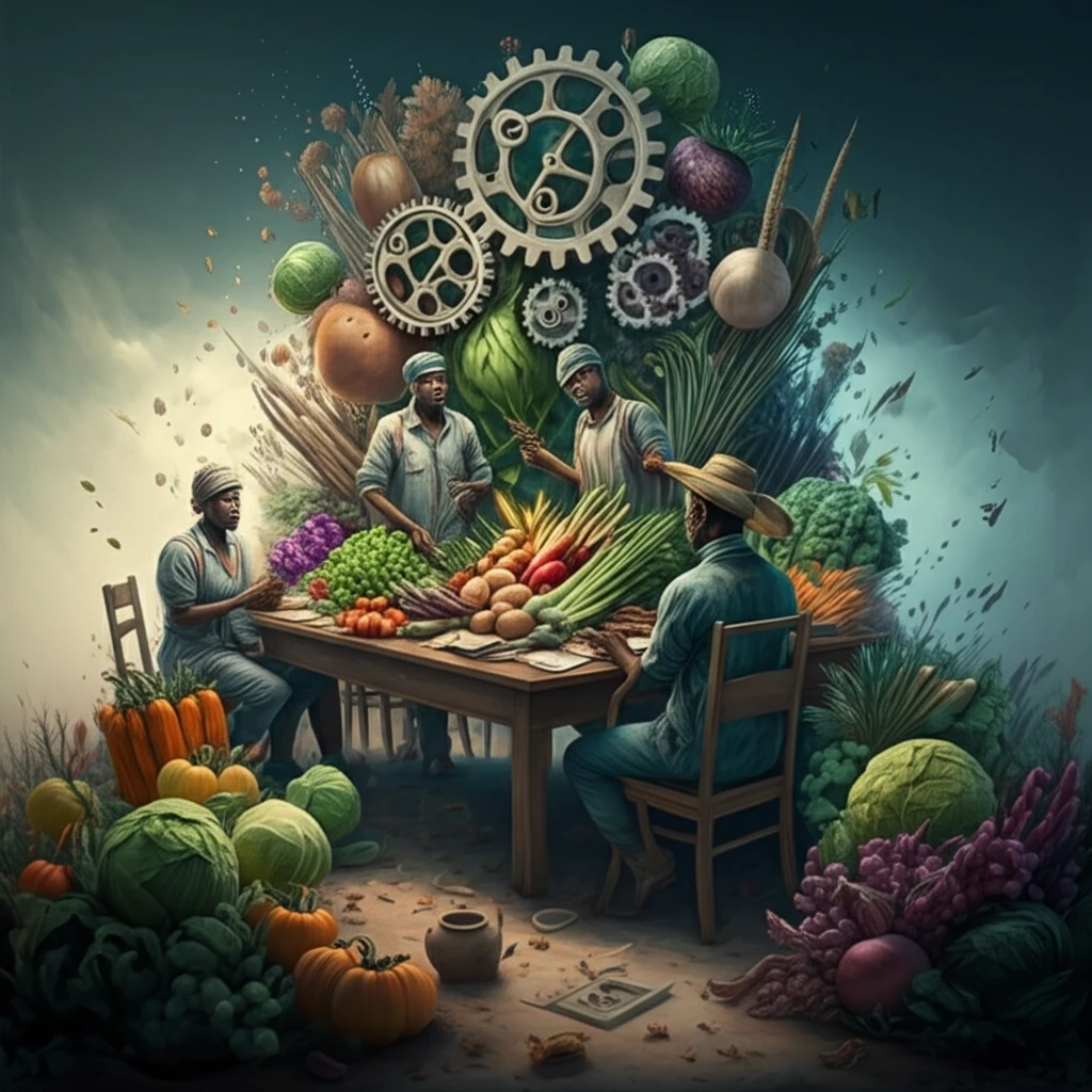 Tanzanian farmers collaboratively making decisions with vibrant crops on the table.