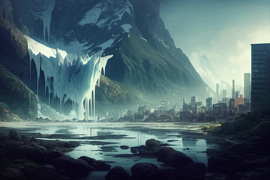 Surreal illustration of melting glaciers and Santiago cityscape, representing Chile's water crisis.
