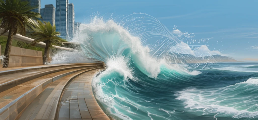Stylized seawall protecting a futuristic city from a wave containing mathematical equations.