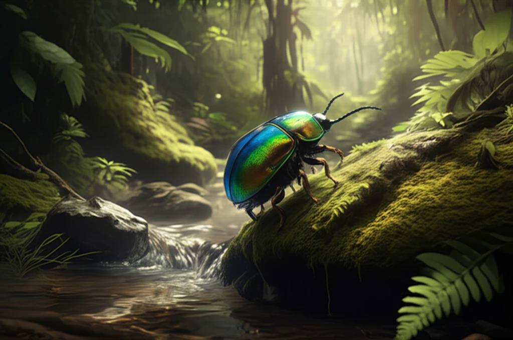 Iridescent riffle beetle clinging to mossy rock in a Panamanian stream.
