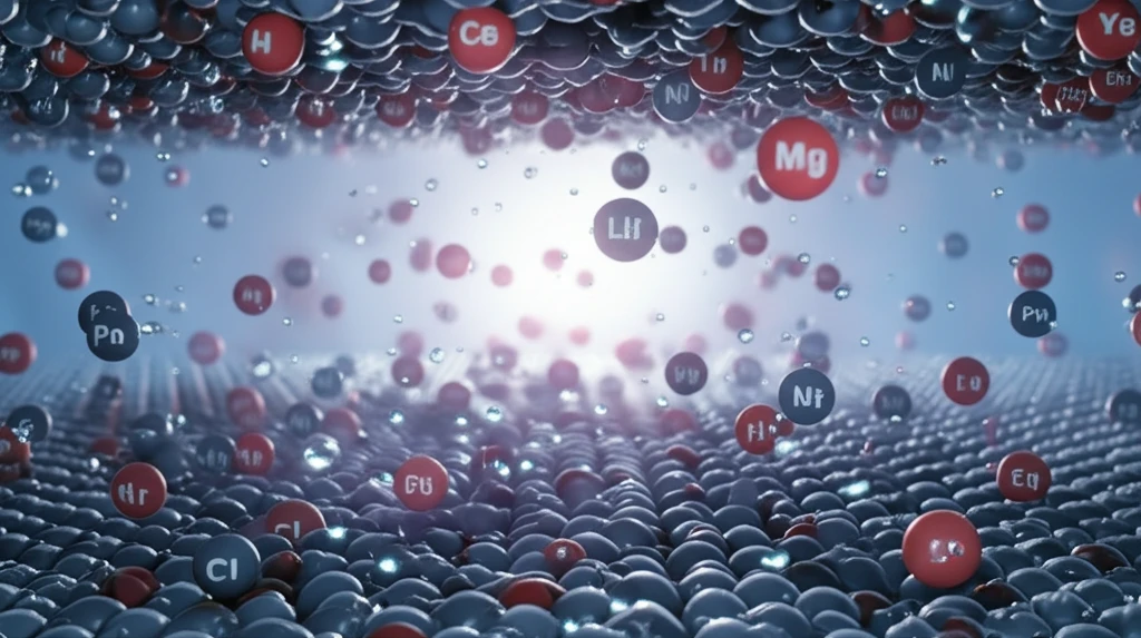 Microscopic view of lithium and magnesium ions flowing through vanadium oxide battery material.