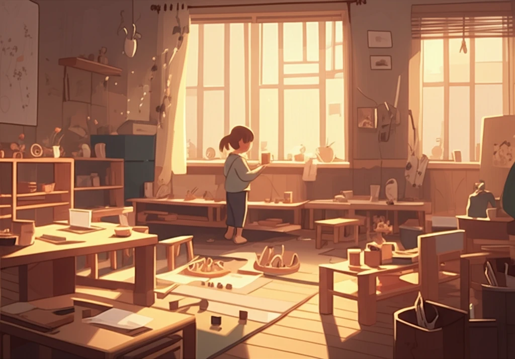Montessori classroom filled with learning materials and a child.