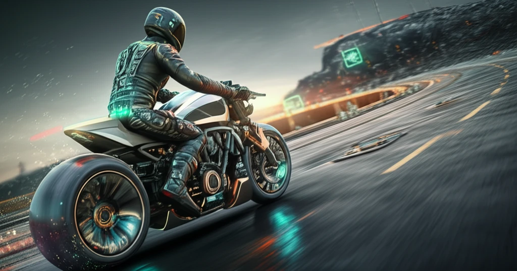 Futuristic motorcycle navigating a winding road with enhanced safety technology.