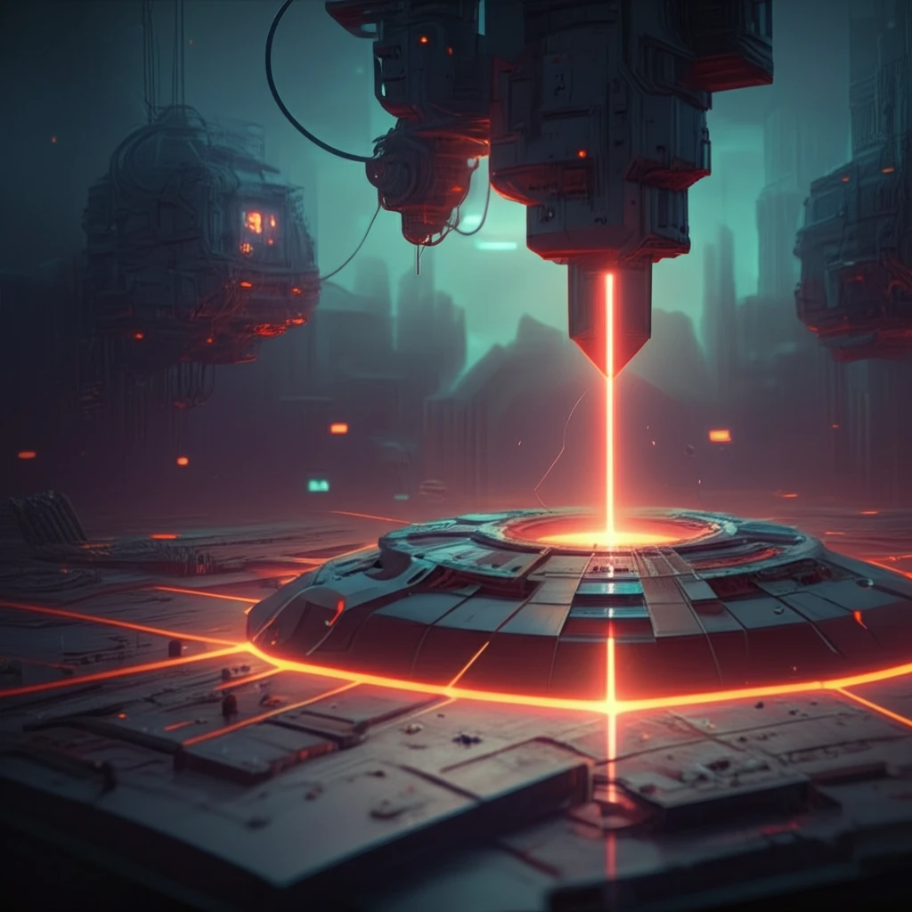 Laser cladding process creating an amorphous coating on metal, with a futuristic cityscape in the background.